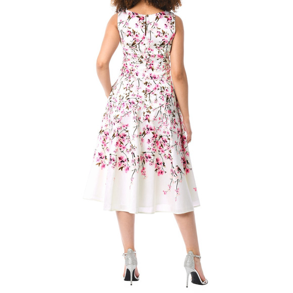 Cherry Blossom Print Dupioni Midi Dress Sz 16 Split Boat Neck Sash Belt New - Picture 13 of 13